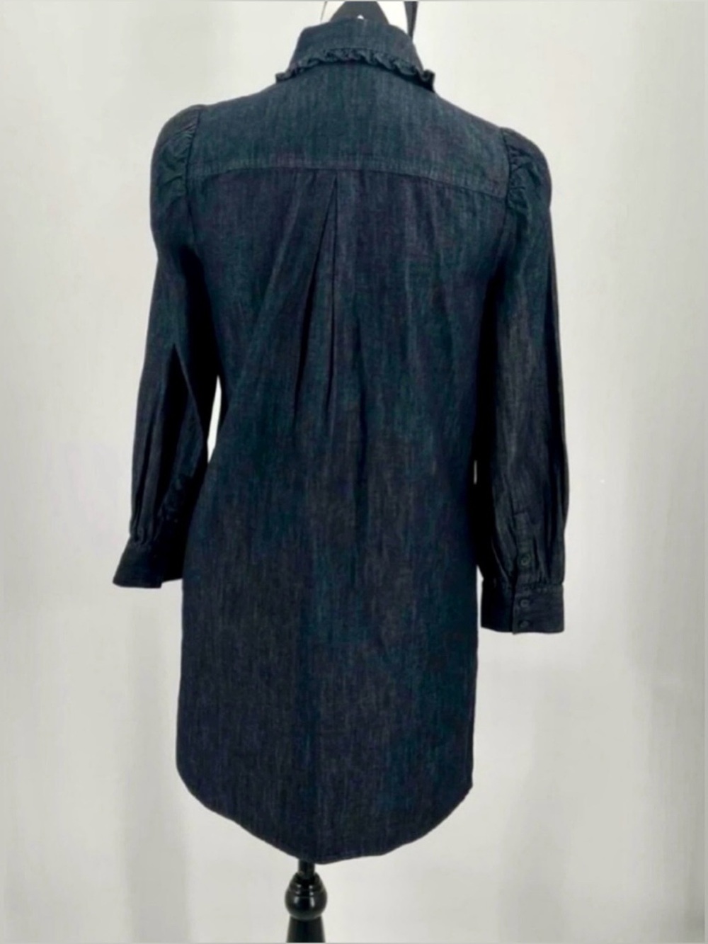 Kate Spade Dark Blue Wash Ruffle Denim Mini Shirtdress with Tie Waist - Picture 5 of 13